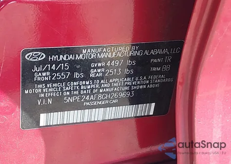 2016 Hyundai Sonata Se из США, поврежденный, VIN 5NPE24AF8GH269693